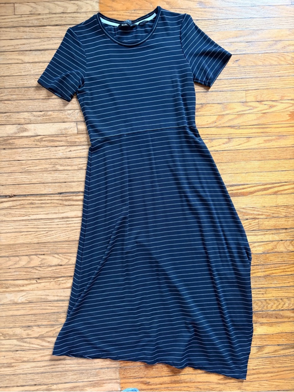 Club Monaco Navy and White Striped Short Sleeve Midi Dress